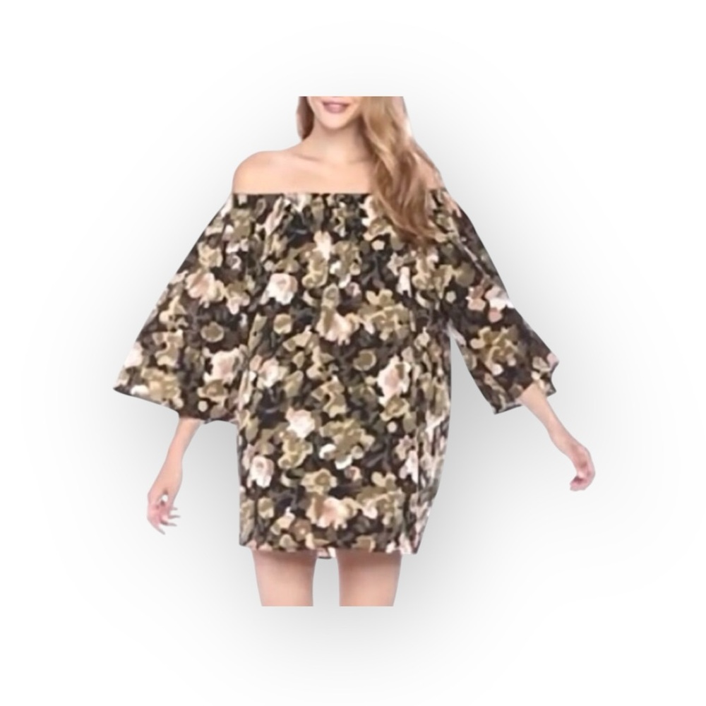 new French Connection 𑁍 Dream Floral Print Off Shoulder Mini Dress 𑁍 Olive 𑁍 XS - Picture 2 of 16